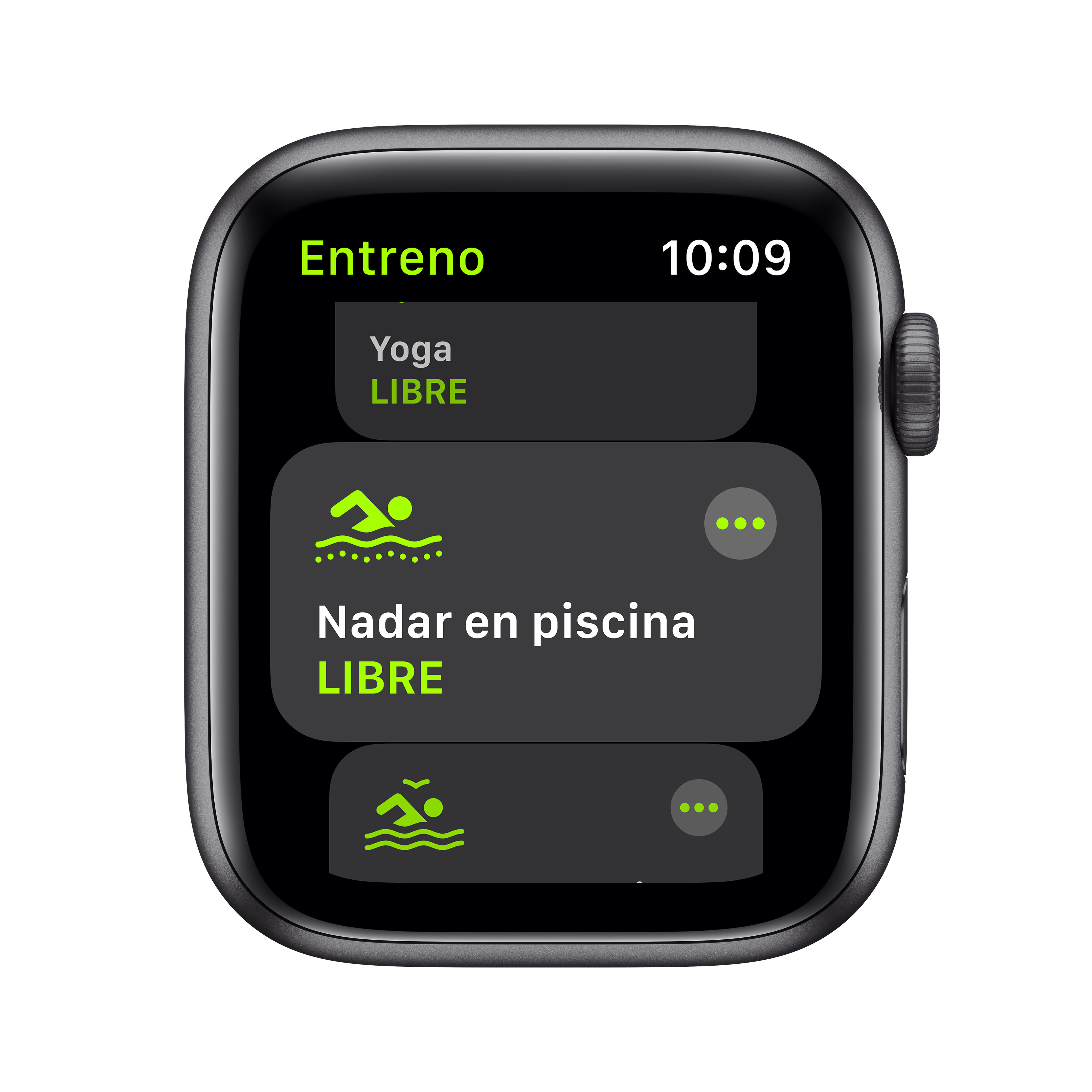 Smartwatch que muestra la opción de natación en una lista de entrenamientos.