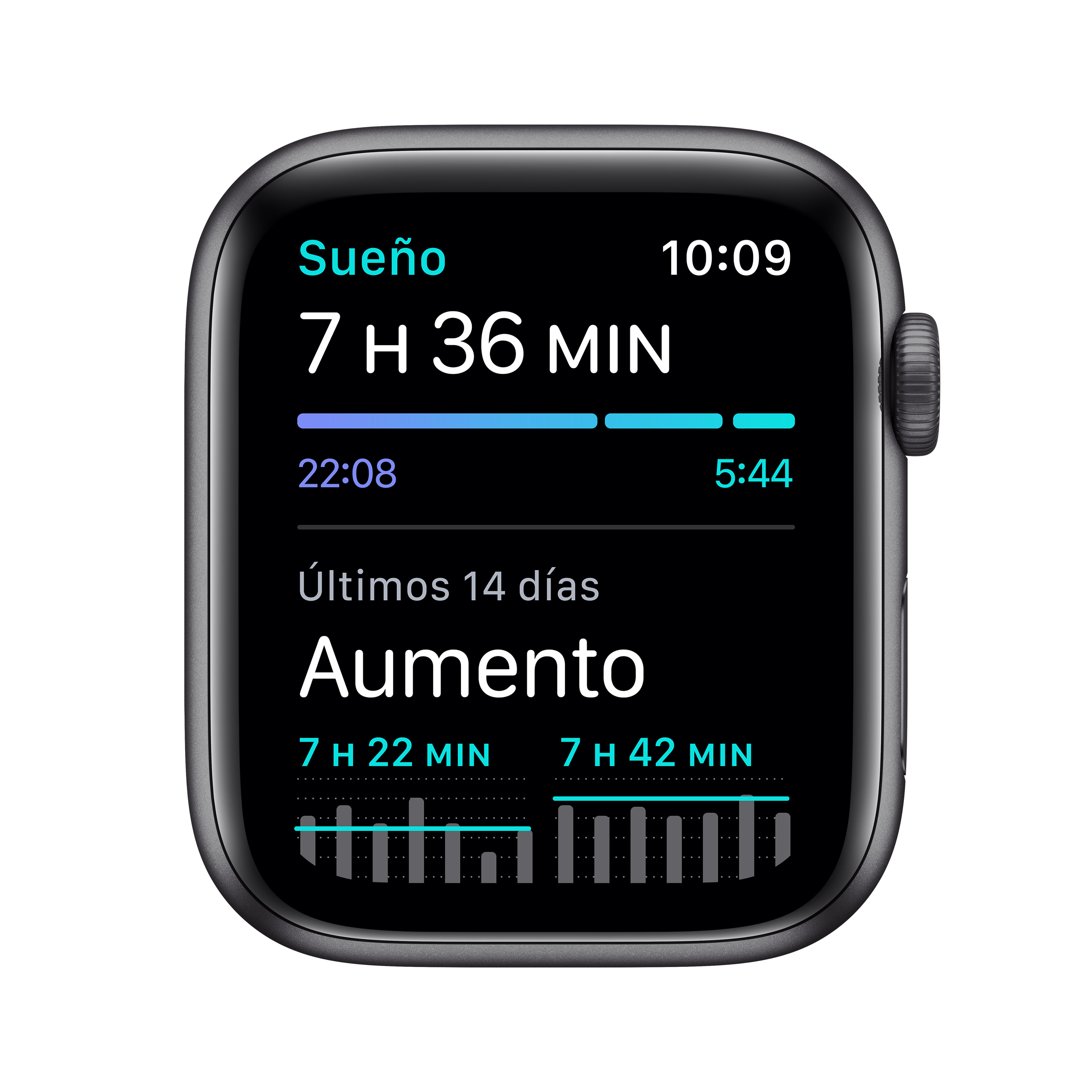 Una pantalla negra de Apple Watch que muestra datos de sueño y actividad. Muestra tiempo y métricas.