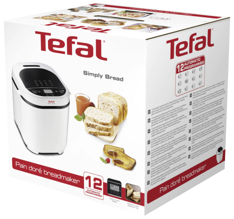 Tefal kenyérsütő doboz kenyérrel, tartozékokkal, és a vezérlőpanellel látható.