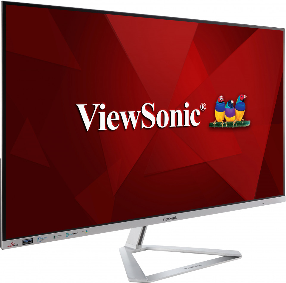 Kırmızı arka planlı ve üç renkli kuşlu bir ViewSonic monitör.
