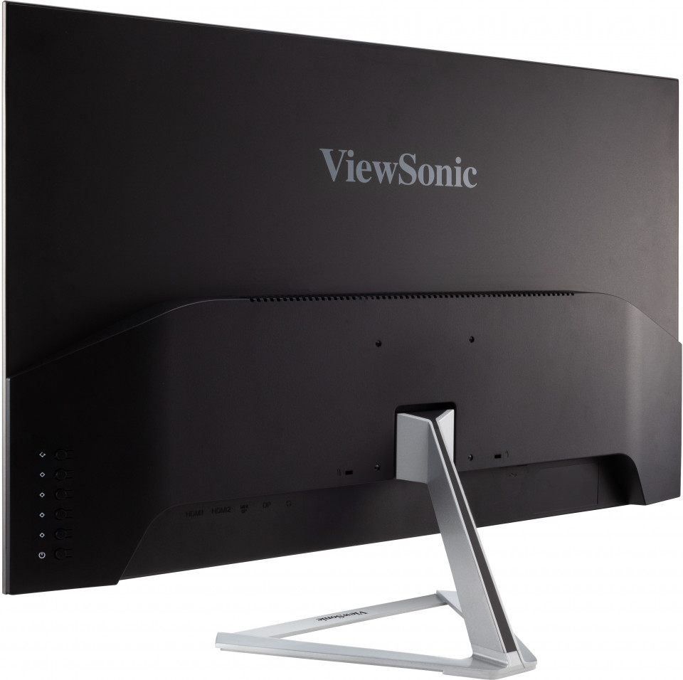 Gümüş ayaklı ve görünür bağlantı noktalarına sahip siyah bir ViewSonic monitörün arkası.