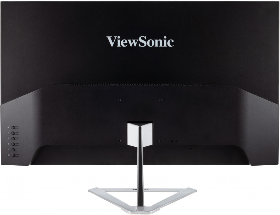 Gümüş renkli ayaklı ve sol tarafta kontrol düğmeleri olan siyah ViewSonic monitörün arkası.