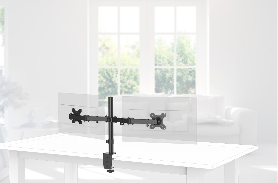 Support double moniteur sur un bureau blanc, avec deux écrans et une fenêtre en arrière-plan.