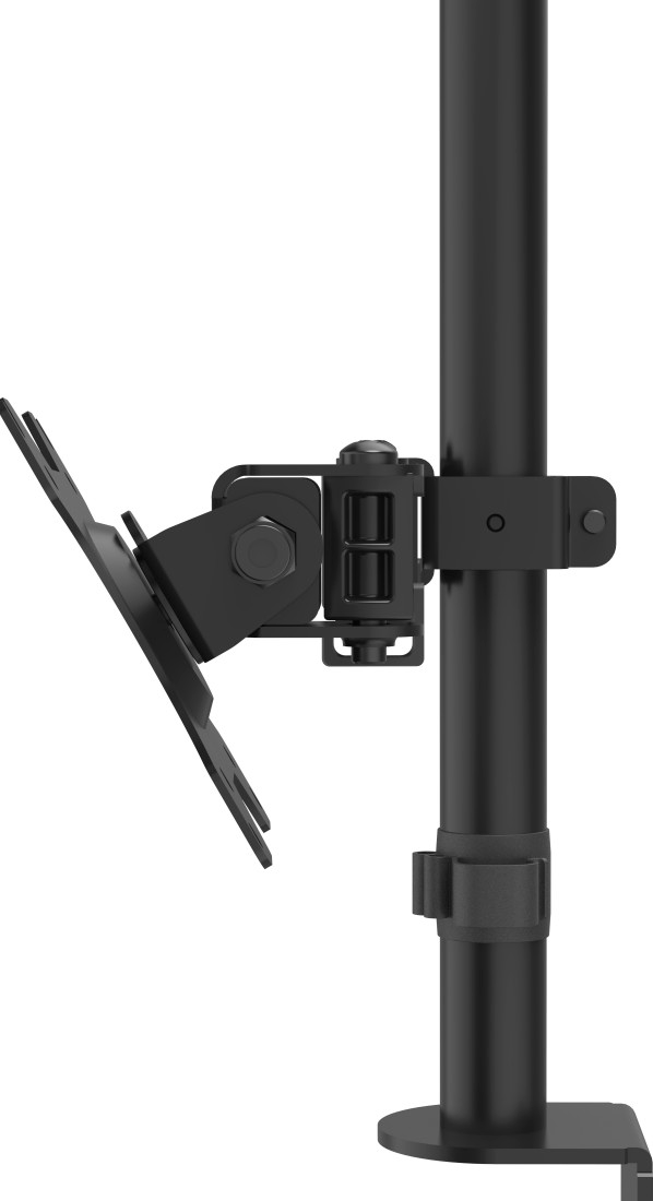 Support de moniteur noir fixé à un poteau noir. Montre le mécanisme d'inclinaison et de pivotement.