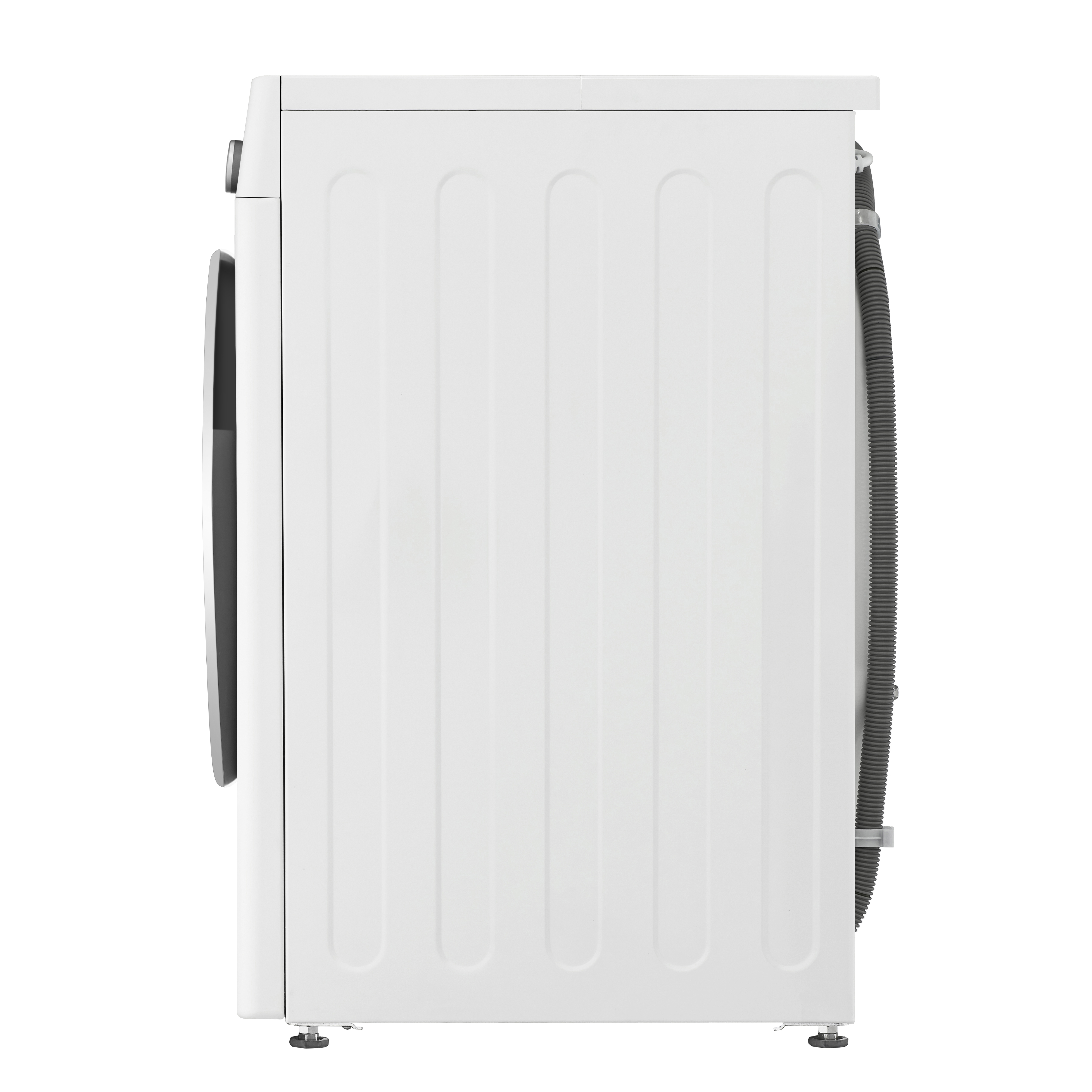 Seitenansicht einer weißen LG Waschmaschine, Rückseite mit geripptem Design und Schlauch.