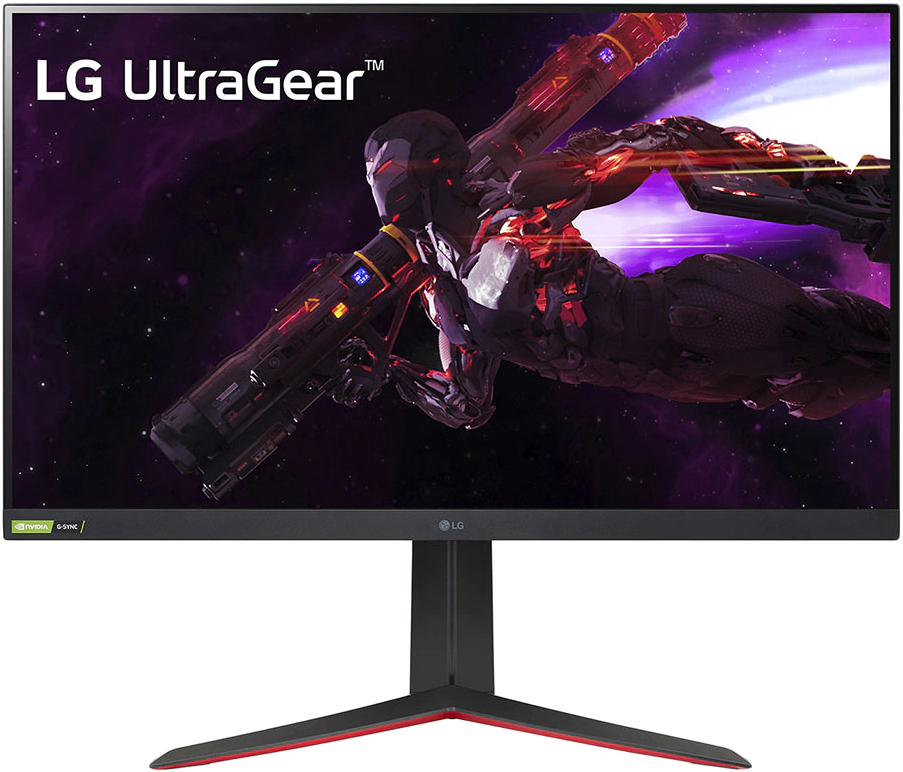 LG UltraGear gaming monitor. Futurisztikus sci-fi jelenet látható. Fegyveres humanoid akcióban.