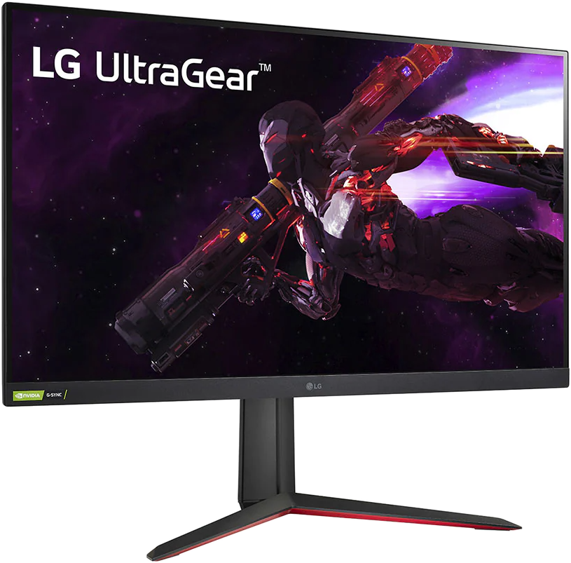 Fekete-piros gaming monitor futurisztikus grafikával a képernyőn.