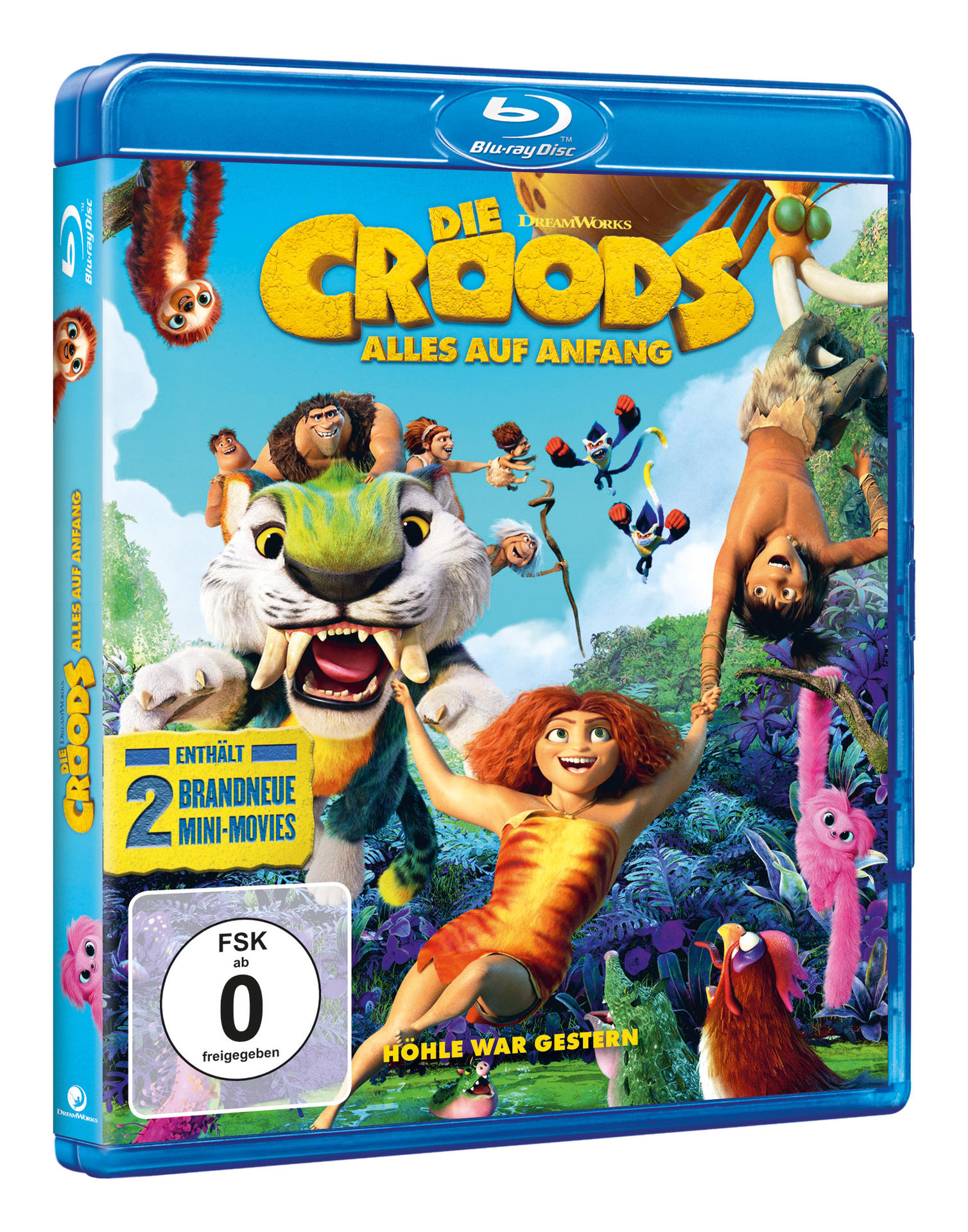 Filmcover von 'The Croods'. Cartoon-Figuren, blauer Hintergrund. Text auf Deutsch. Enthält Mini-Filme.