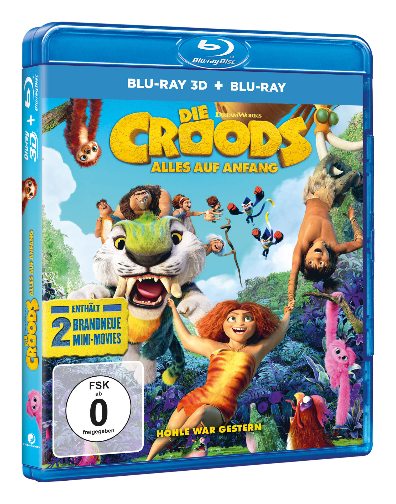 Blu-ray-Filmhülle für 'The Croods'. Buntes Cartoonbild mit verschiedenen Charakteren.