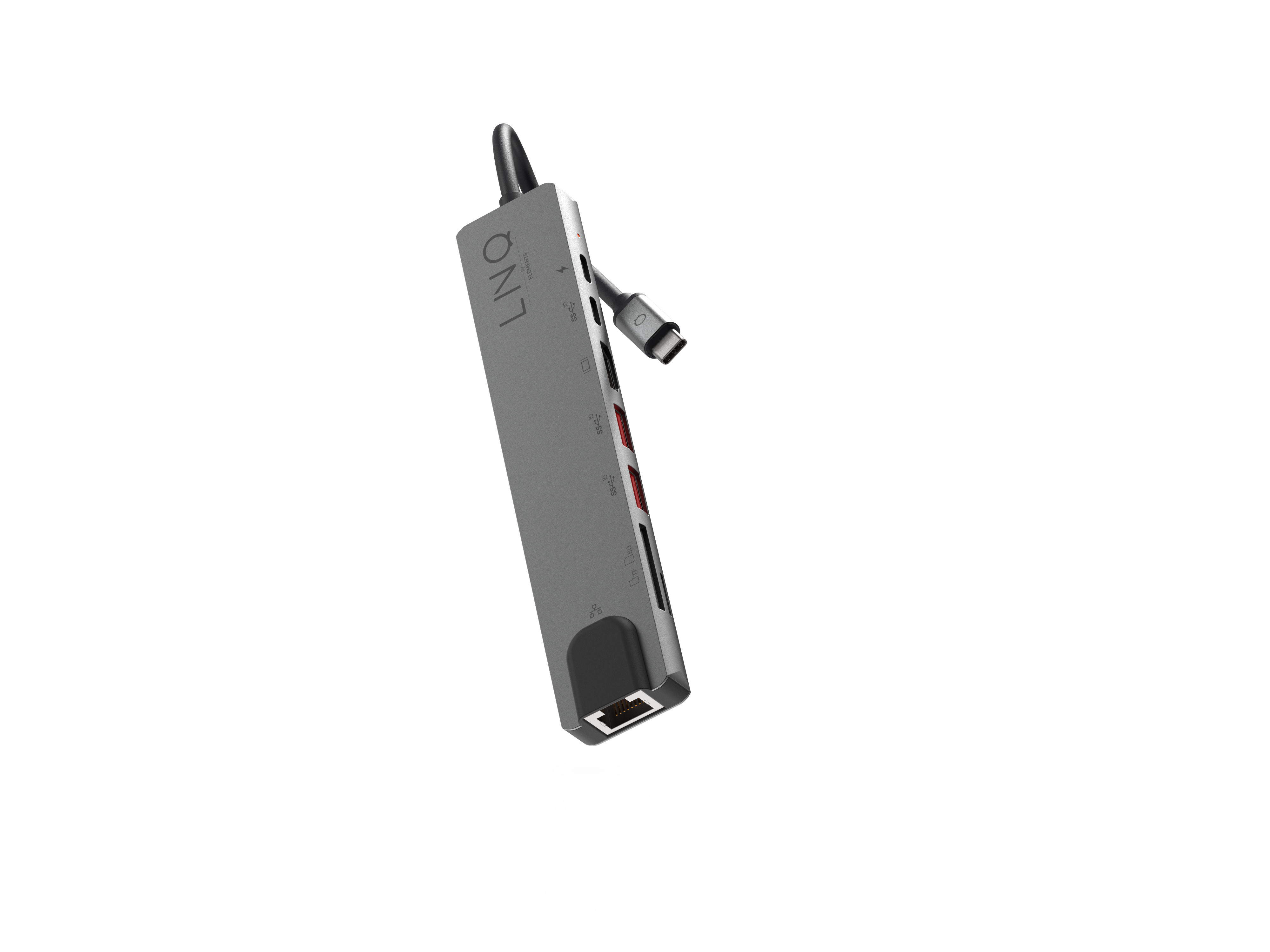 A gray LNQ hub with multiple ports, isolated on a black background.