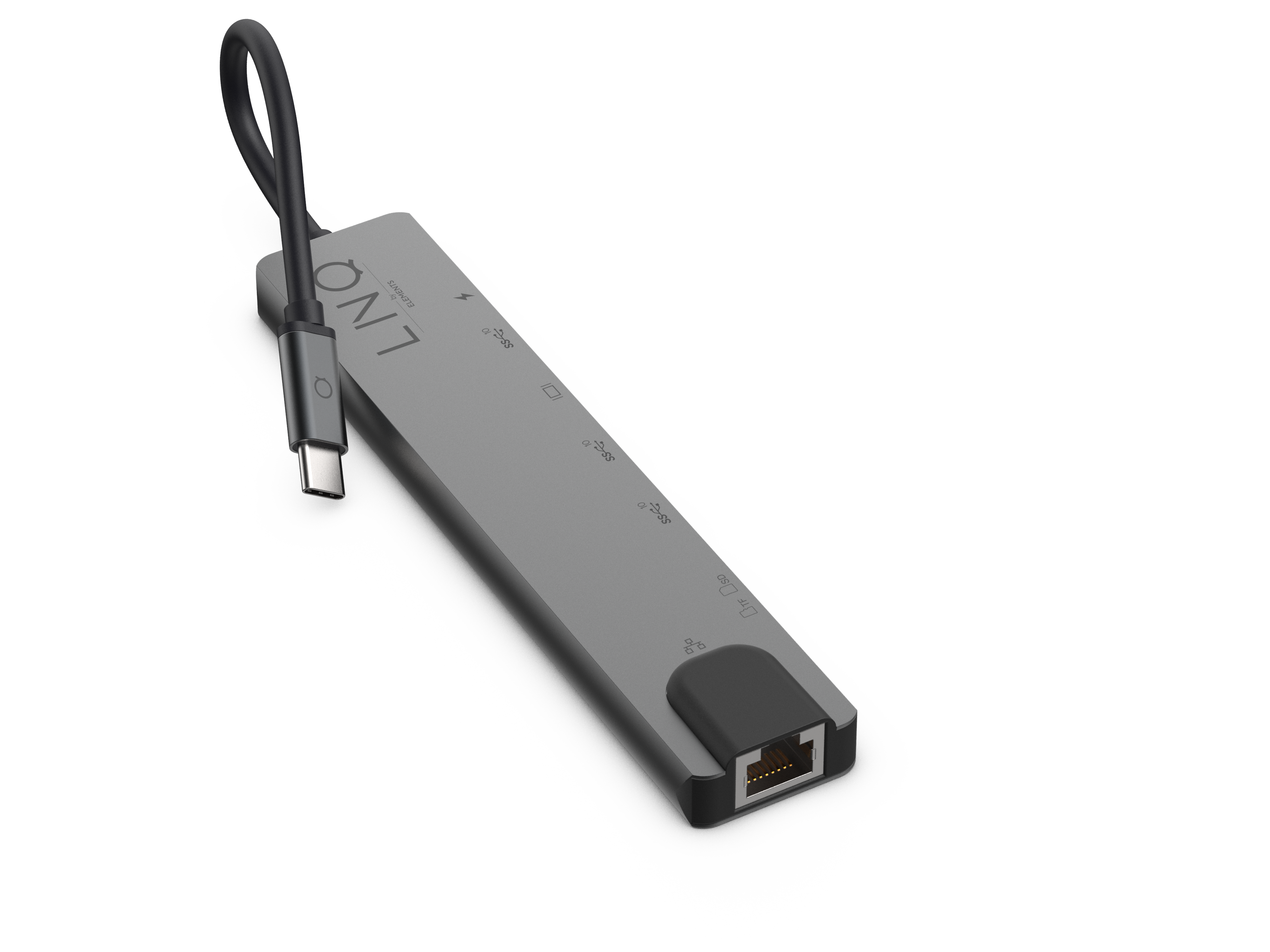 A grey LINQ USB-C hub with a black cable and an Ethernet port, on a blurred background.