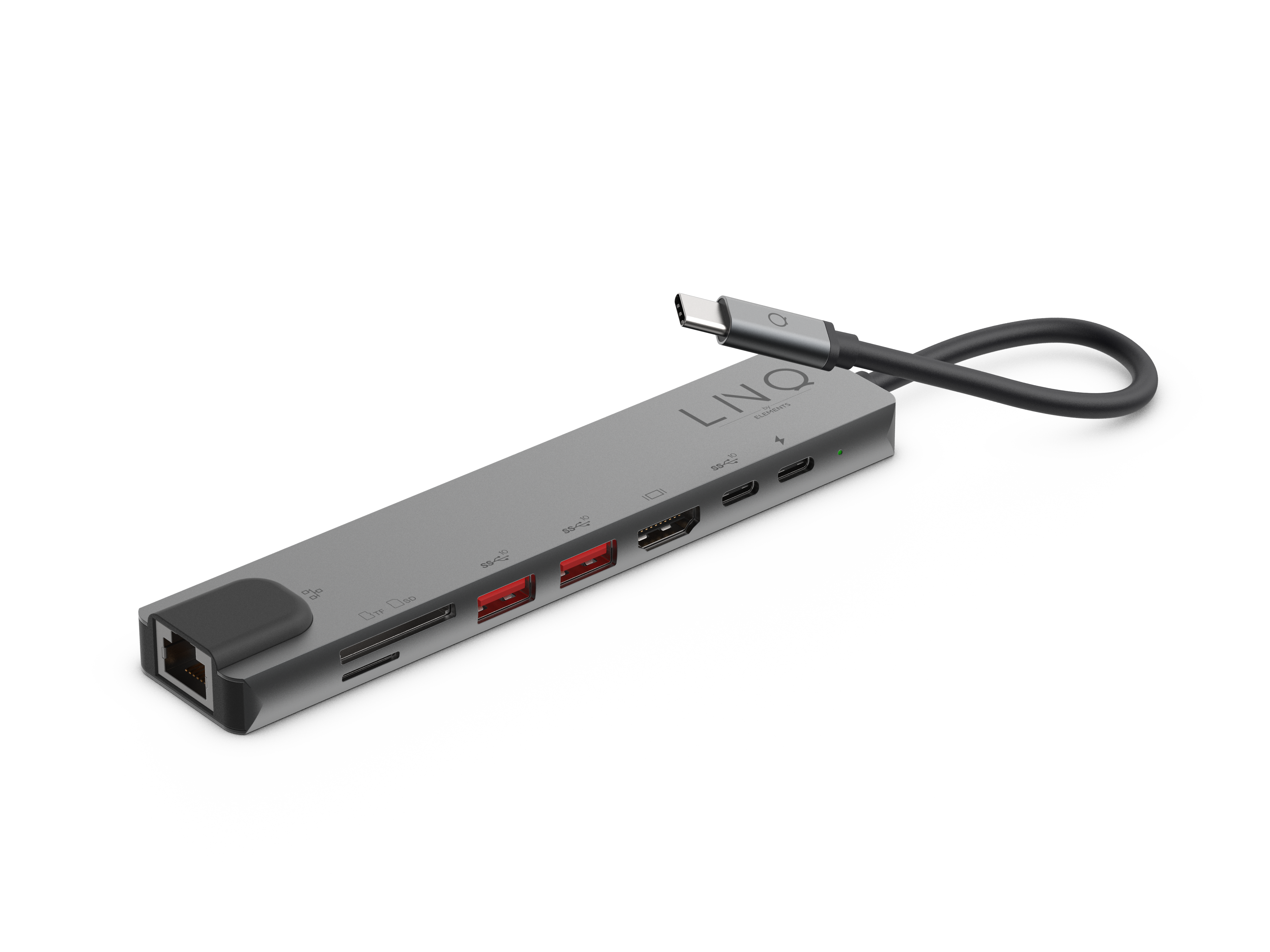 Silver USB hub with multiple ports and a connected USB-C cable.