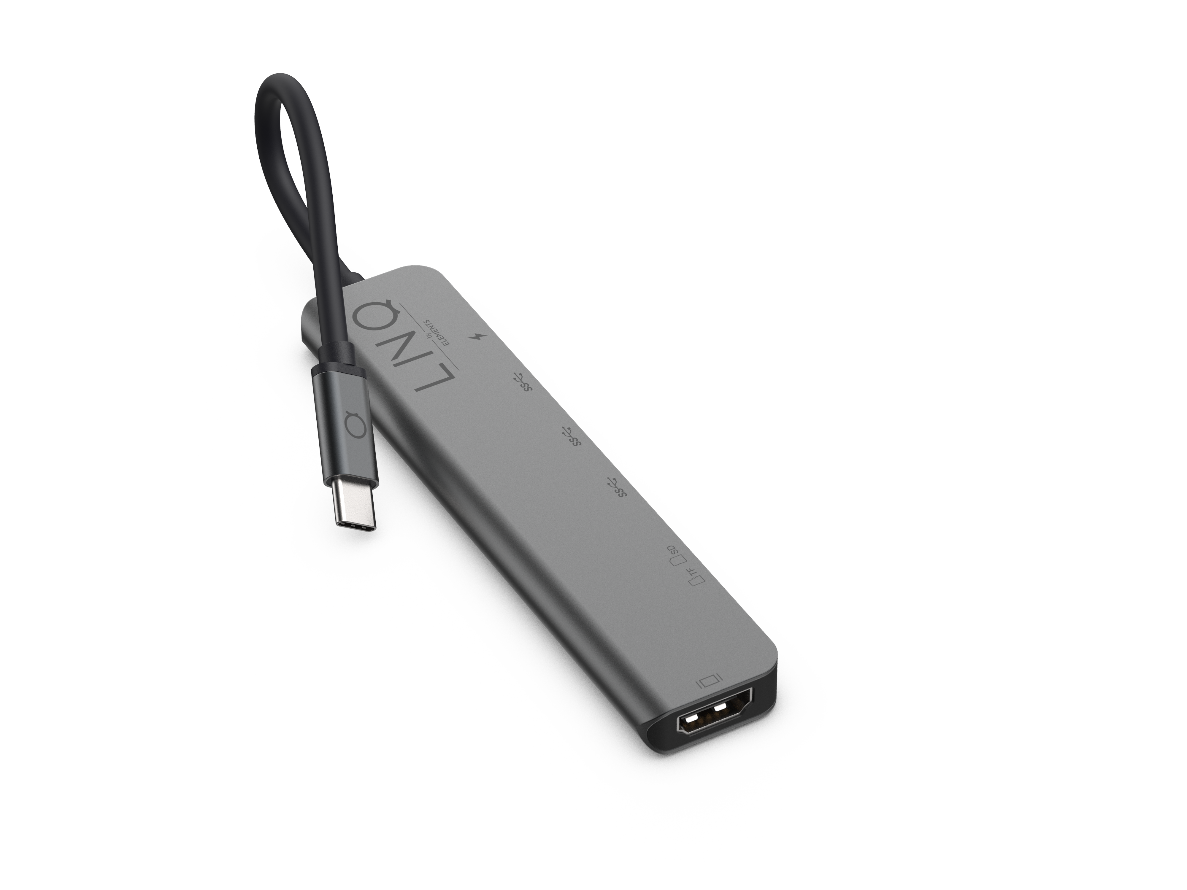 Een grijze LNQ USB-C hub met meerdere poorten.