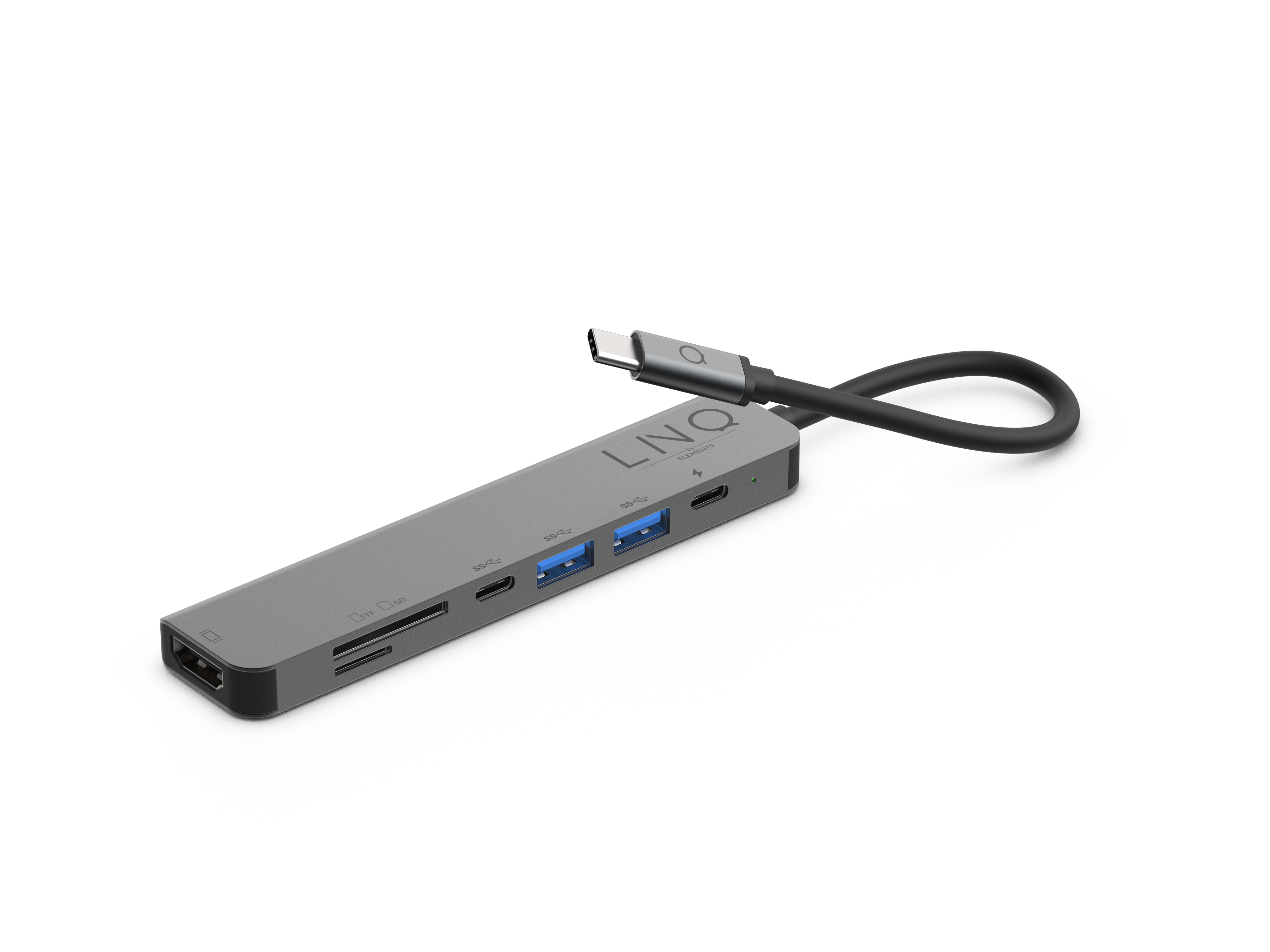 Een grijze USB-C hub met meerdere poorten, waaronder HDMI en USB.