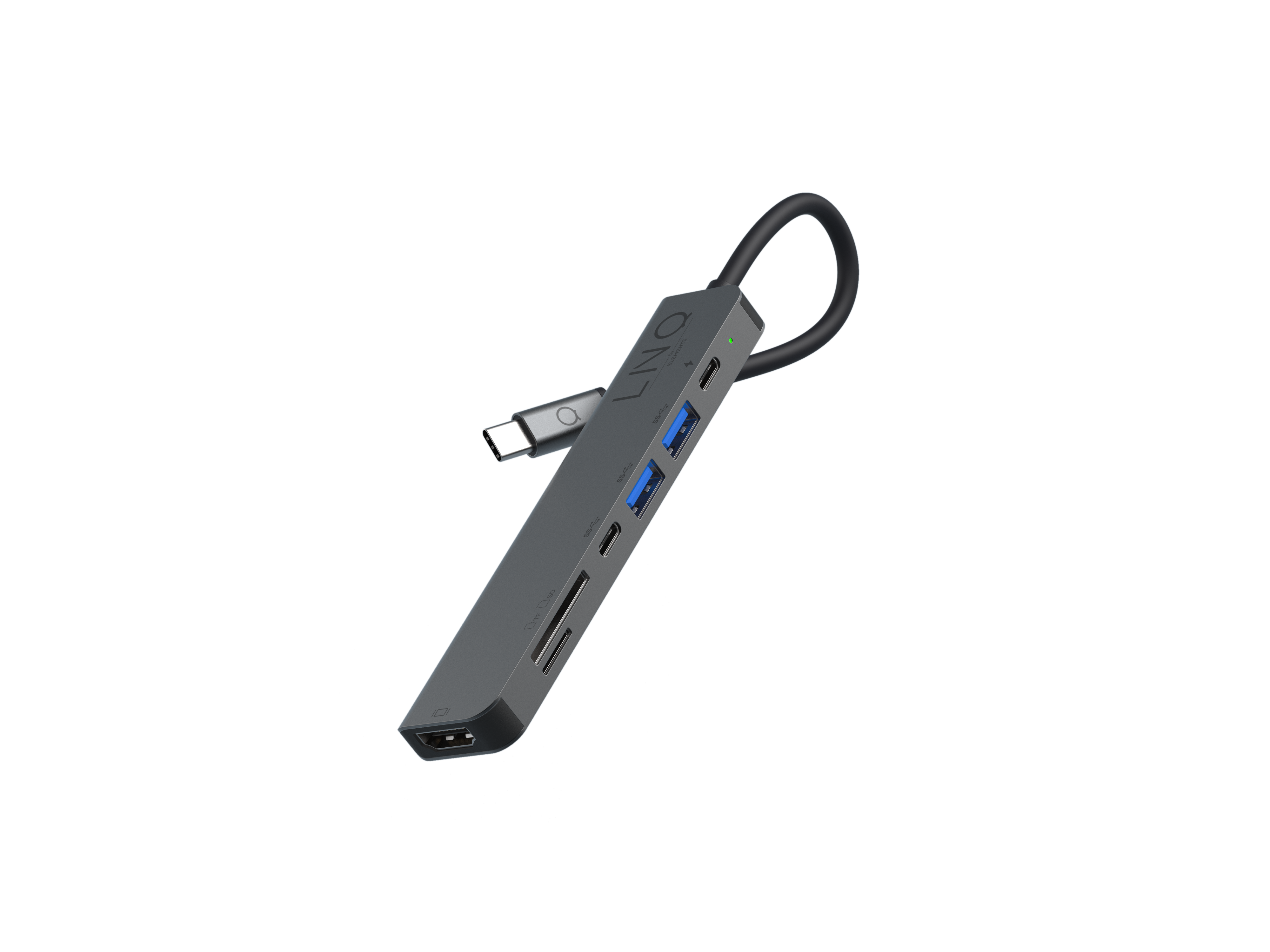 Grijze USB-C hub met meerdere poorten, zwarte kabel. Geïsoleerd op zwarte achtergrond.