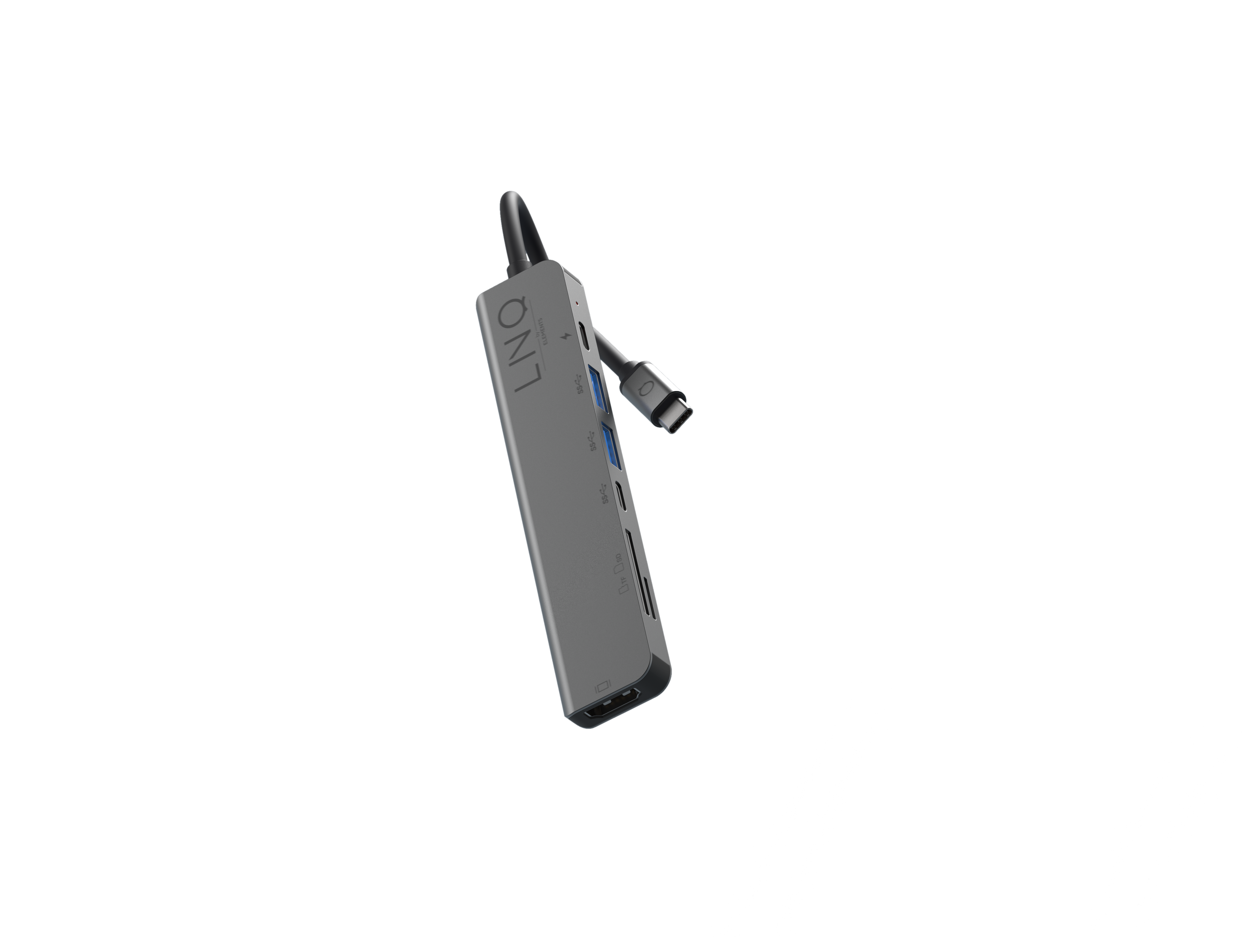 Grijze USB-hub met meerdere poorten, zwevend in de lucht.