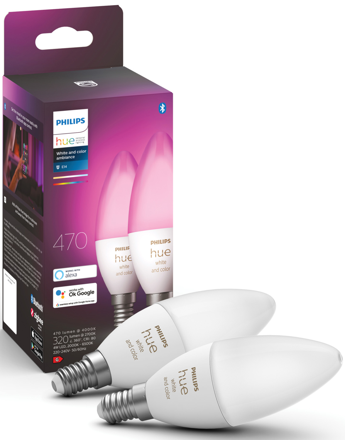 A box of Philips Hue smart light bulbs, showing two bulbs. The box is black and purple.
