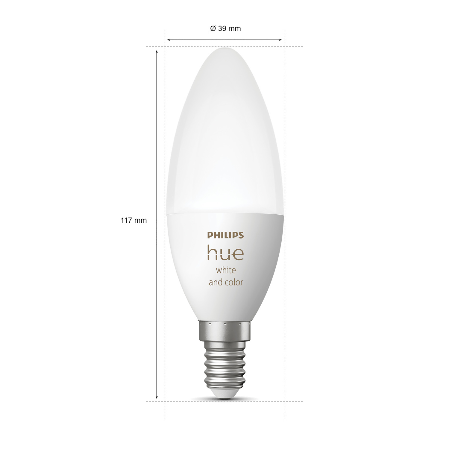 White and color smart light bulb. It is white background. Dimensions are noted.