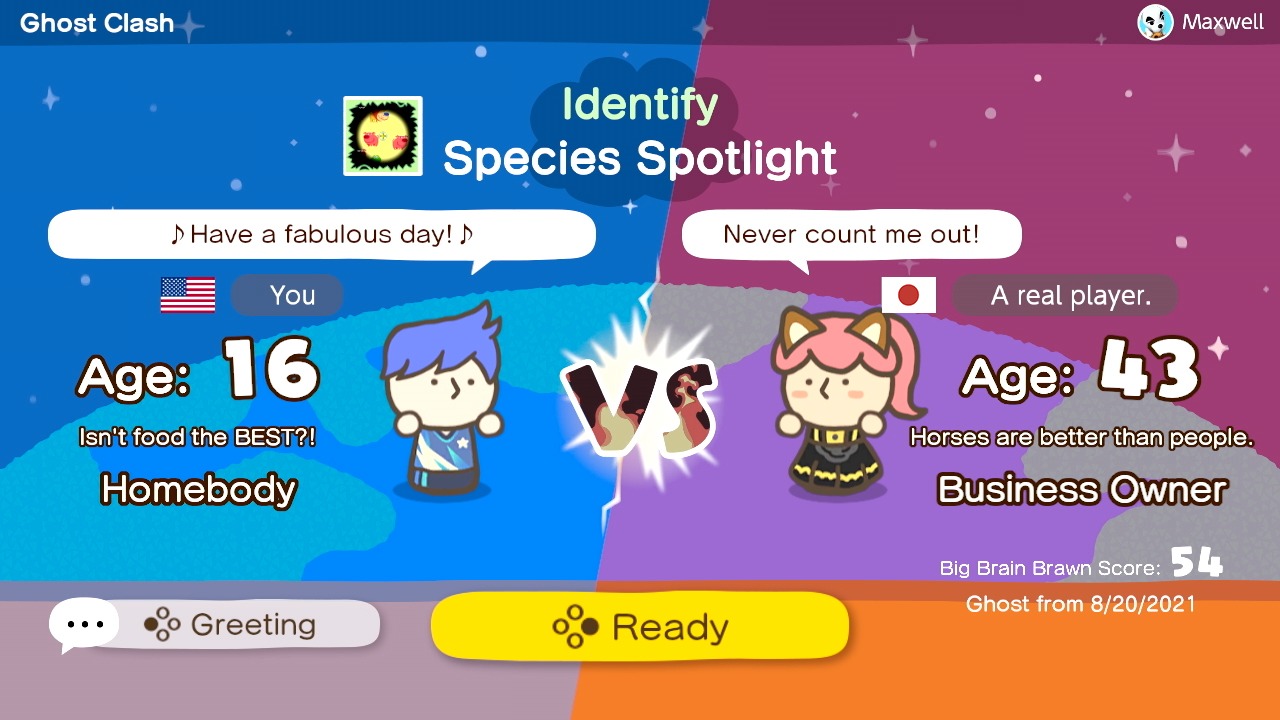 Deux avatars de dessins animés dans une interface de jeu, chacun avec des bulles de texte et des détails d'âge.
