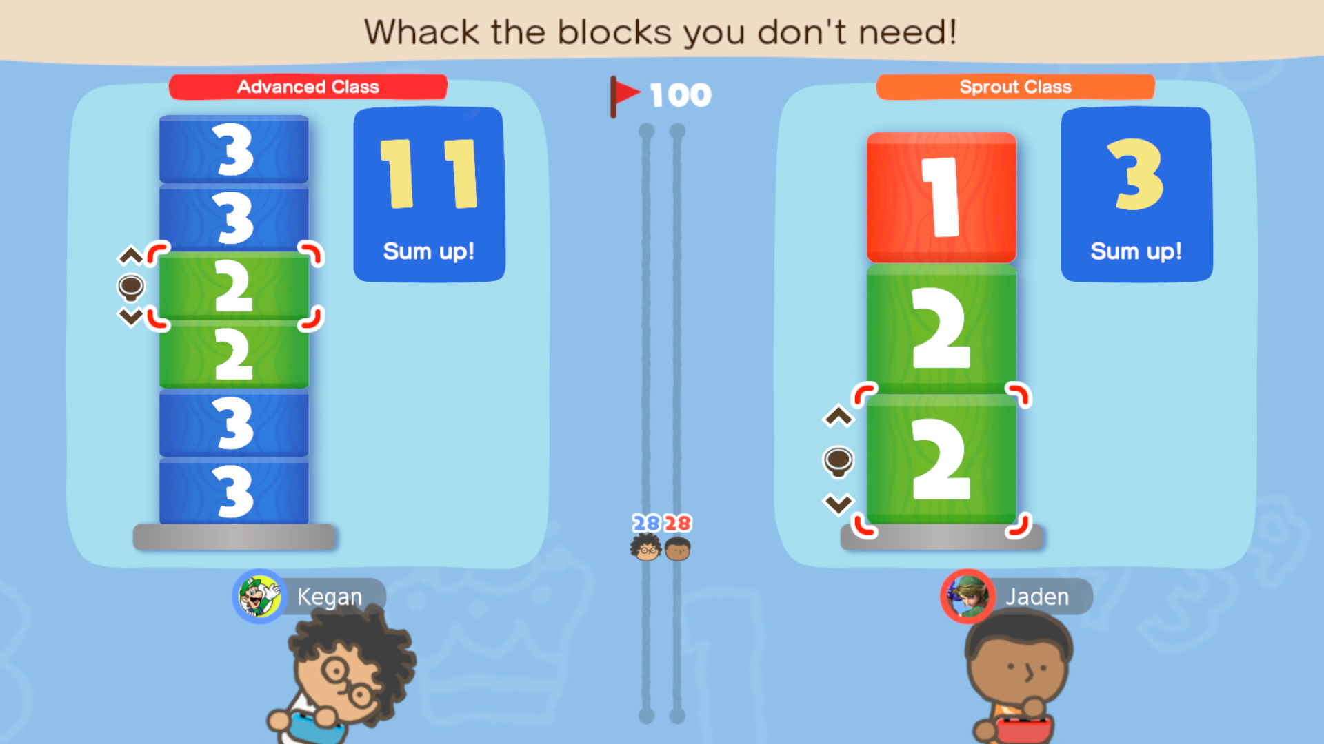 Écran de jeu, jeu de blocs avec deux joueurs, blocs rouges et verts.