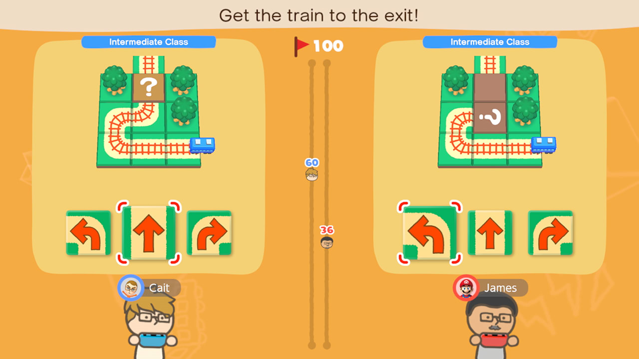 Écran de jeu montrant deux énigmes de train avec des instructions. Deux personnages de dessins animés en bas.