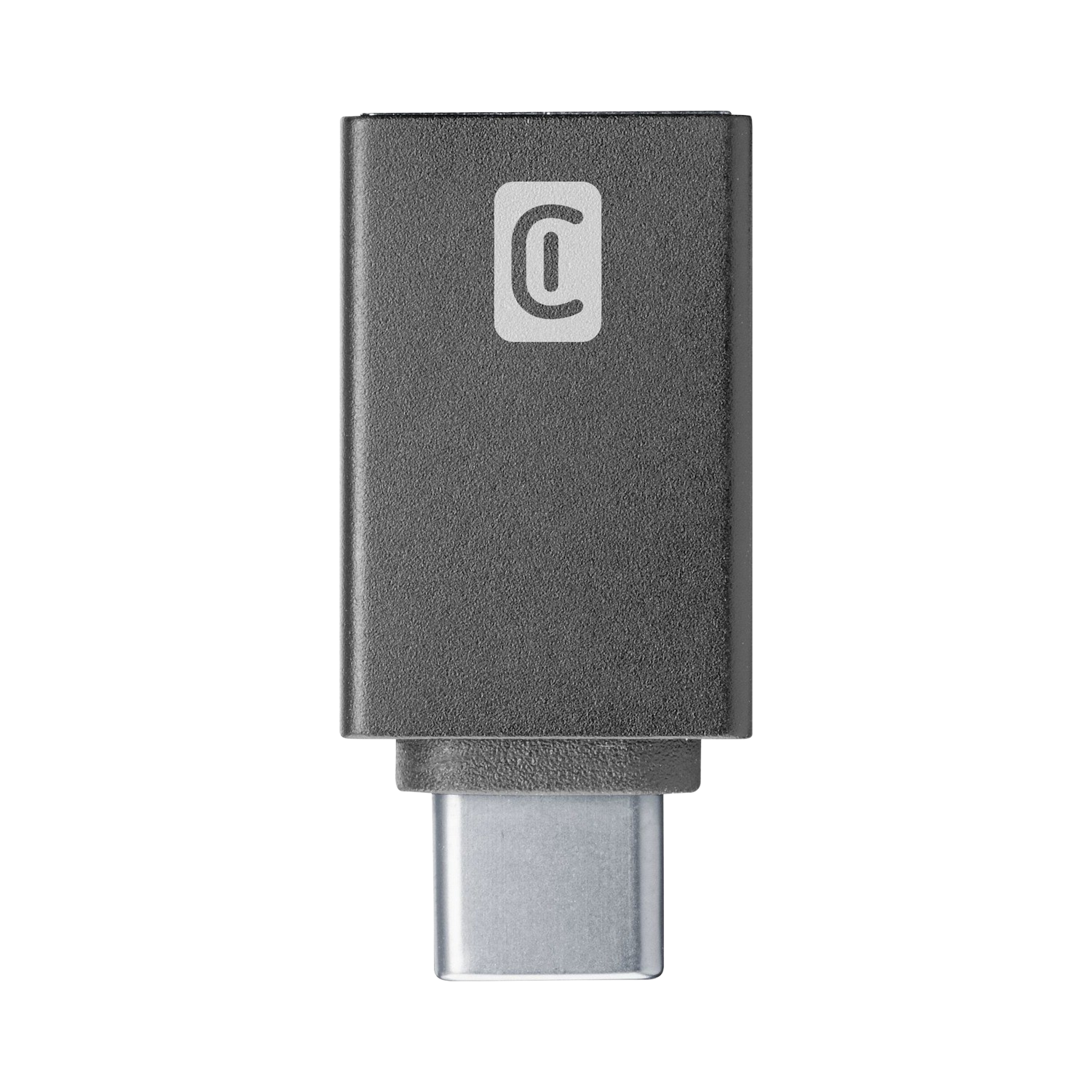 Un pequeño adaptador USB-C negro sobre un fondo negro. Tiene un logo.