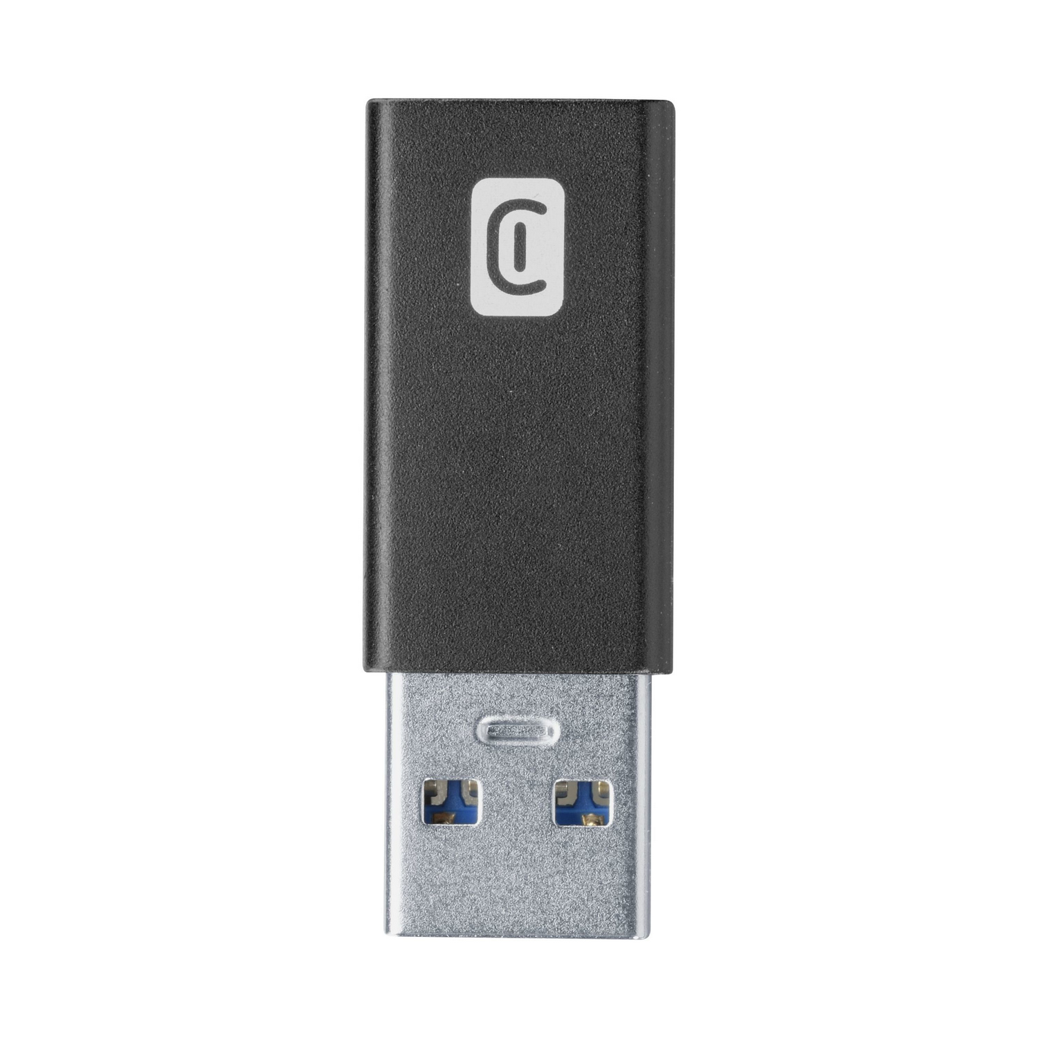 Adaptador USB negro con la letra 'C' en un círculo blanco y un conector USB-A.