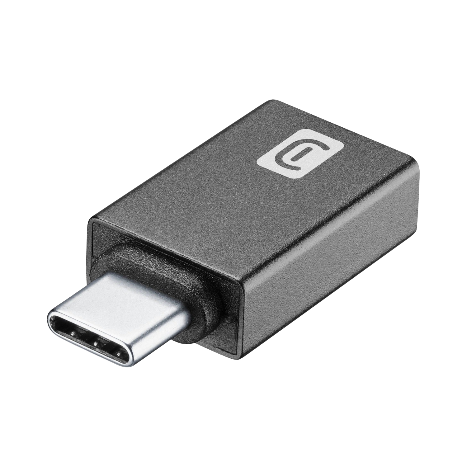 Un pequeño adaptador rectangular negro con un puerto USB-C. El adaptador tiene un logotipo blanco.