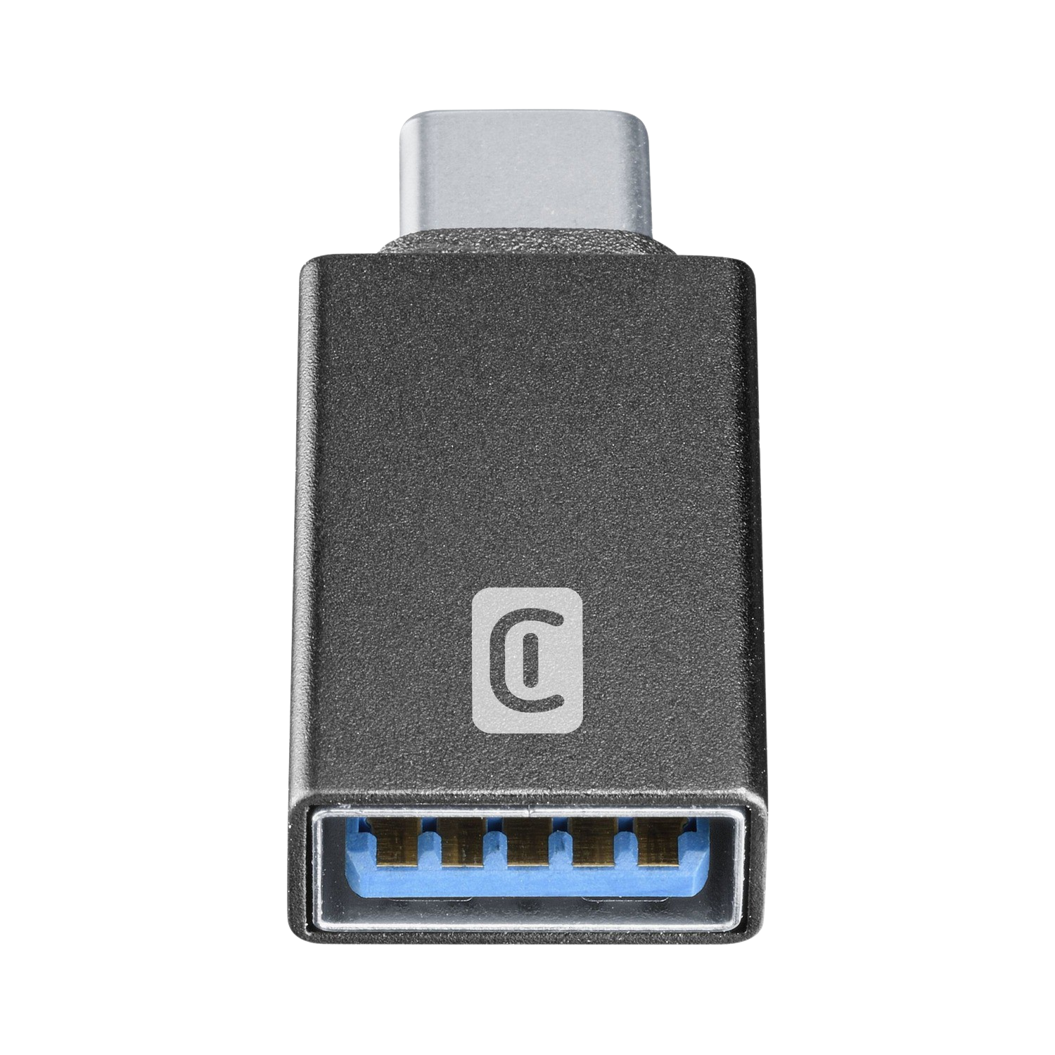 Un adaptador USB-C a USB-A gris oscuro con un logotipo. El lado USB-A es azul.