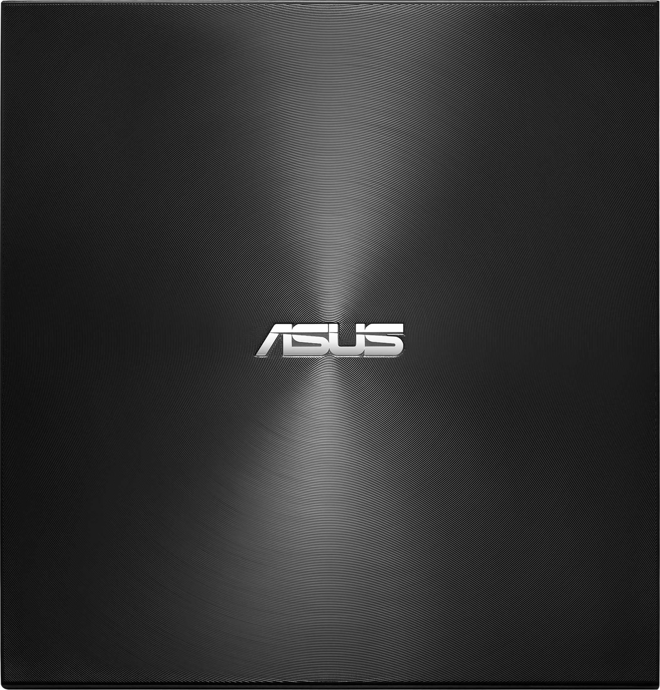 ASUS Laptopdeckel in Schwarz. Kreisförmiges, gebürstetes Metallmuster, mit ASUS-Logo in der Mitte.