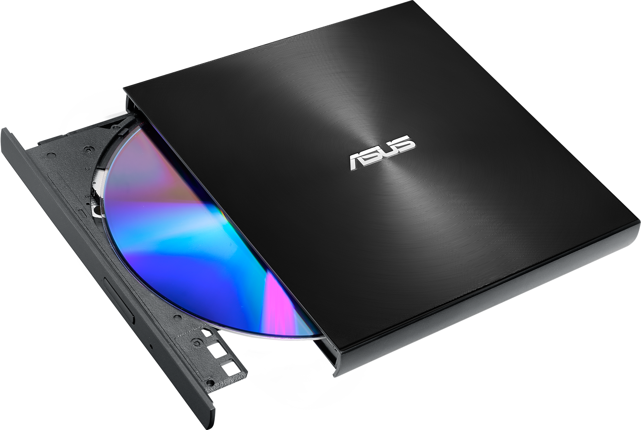 Schwarzes externes CD/DVD-Laufwerk von ASUS, teilweise geöffnet mit einer Disc darin. Das Laufwerk steht vor schlichtem Hintergrund.