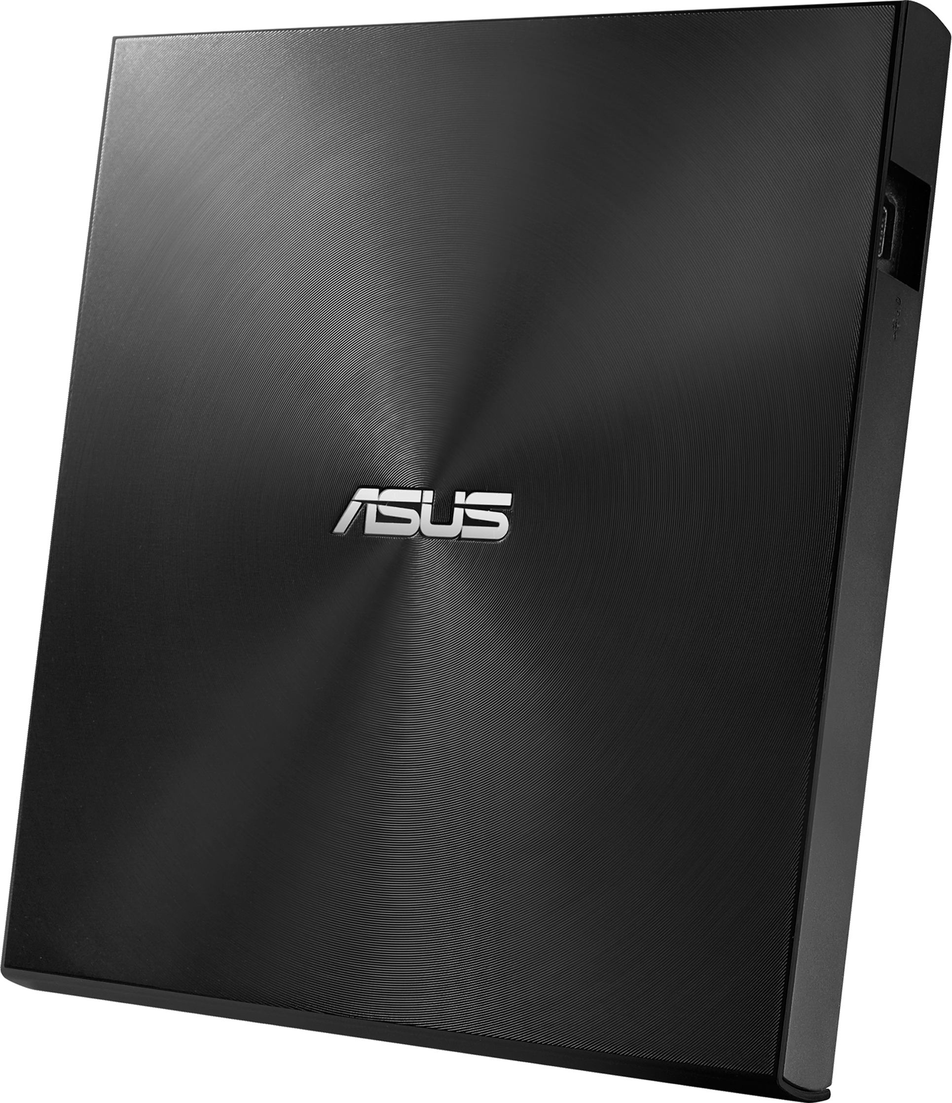 Ein schwarzes externes DVD-Laufwerk von ASUS mit gebürsteter Metalloberfläche und ASUS-Logo.