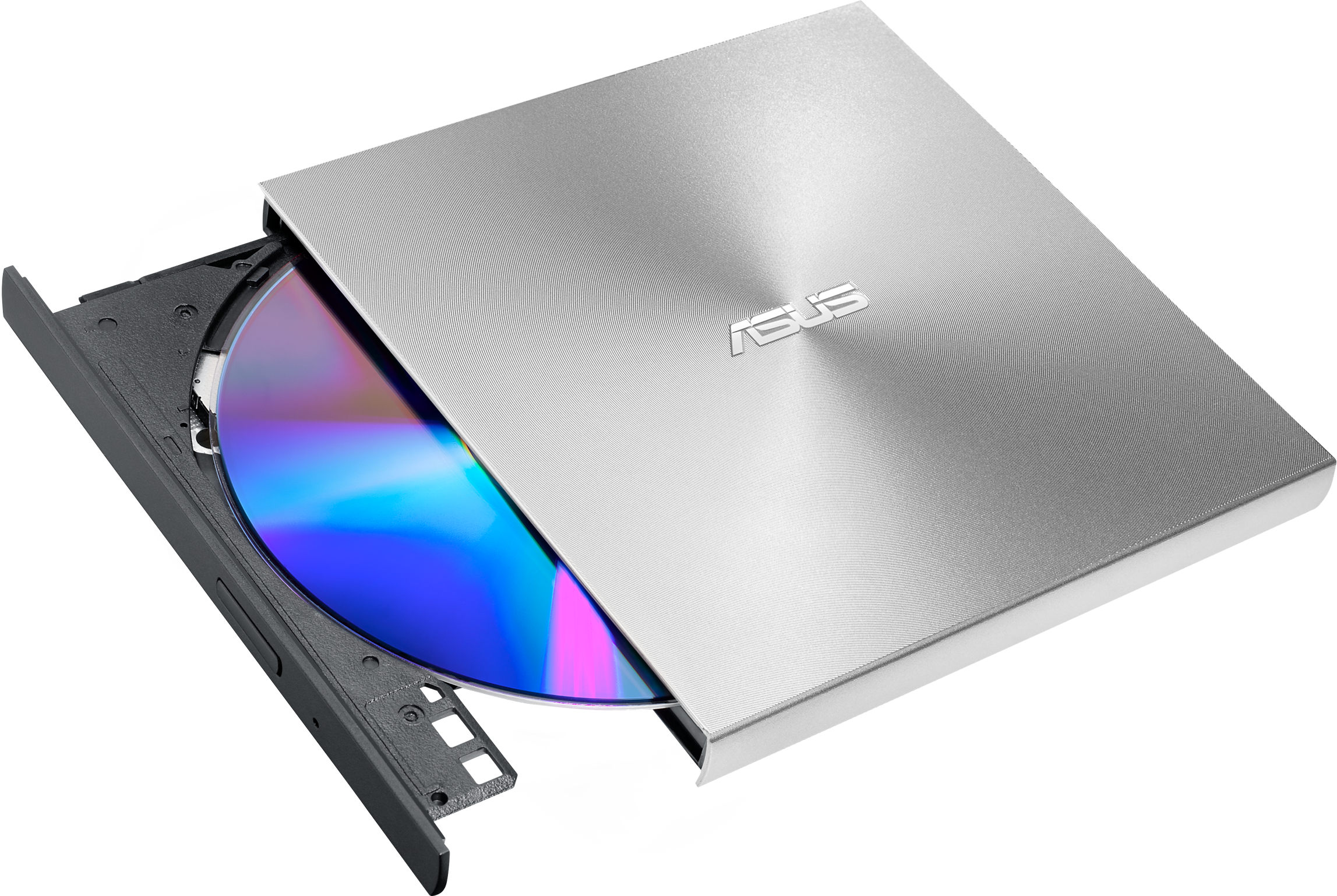 Silbernes externes ASUS DVD-Laufwerk mit teilweise eingelegter Disc. Schwarzer Hintergrund.