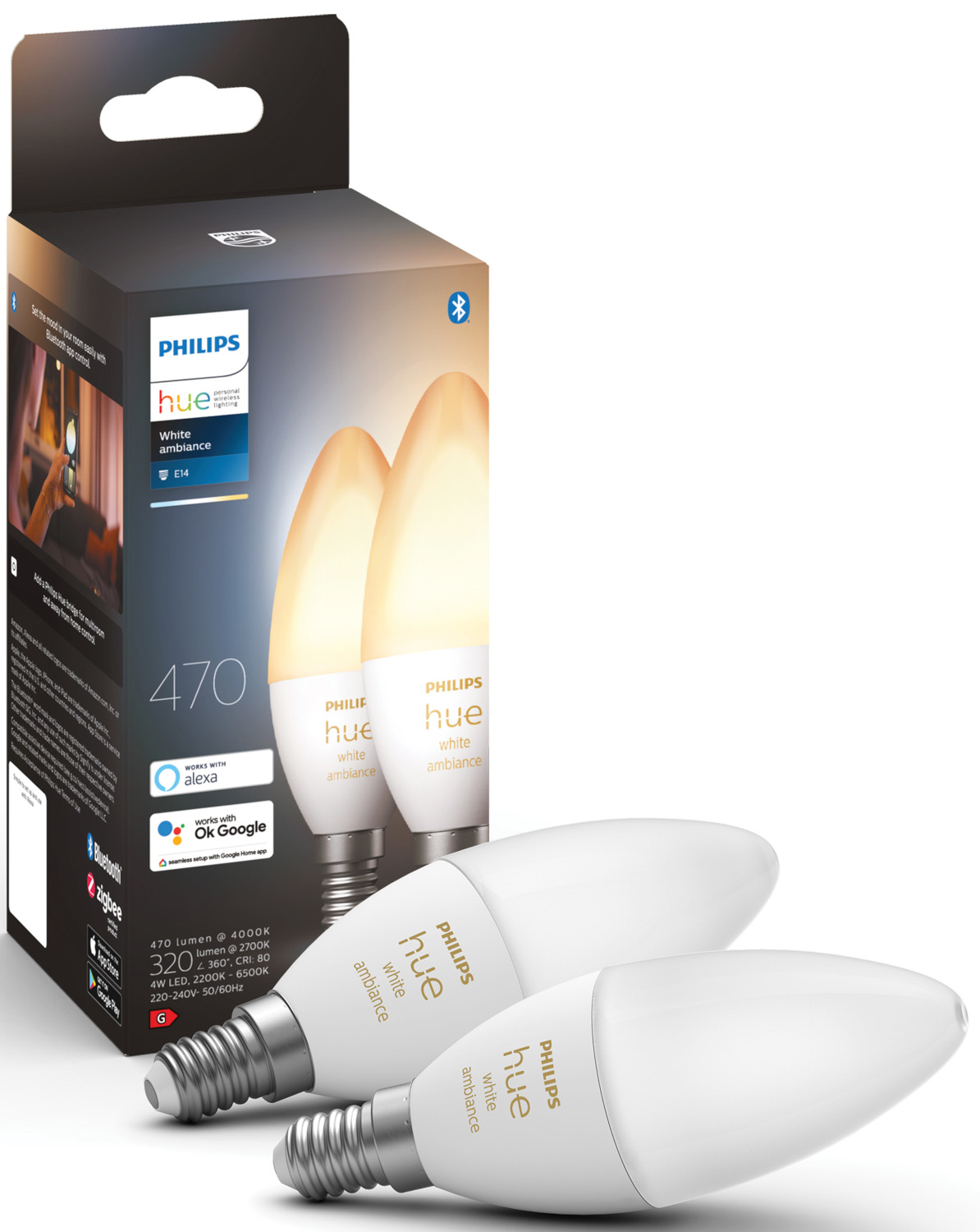Two Philips Hue white ambiance E14 smart light bulbs and box.