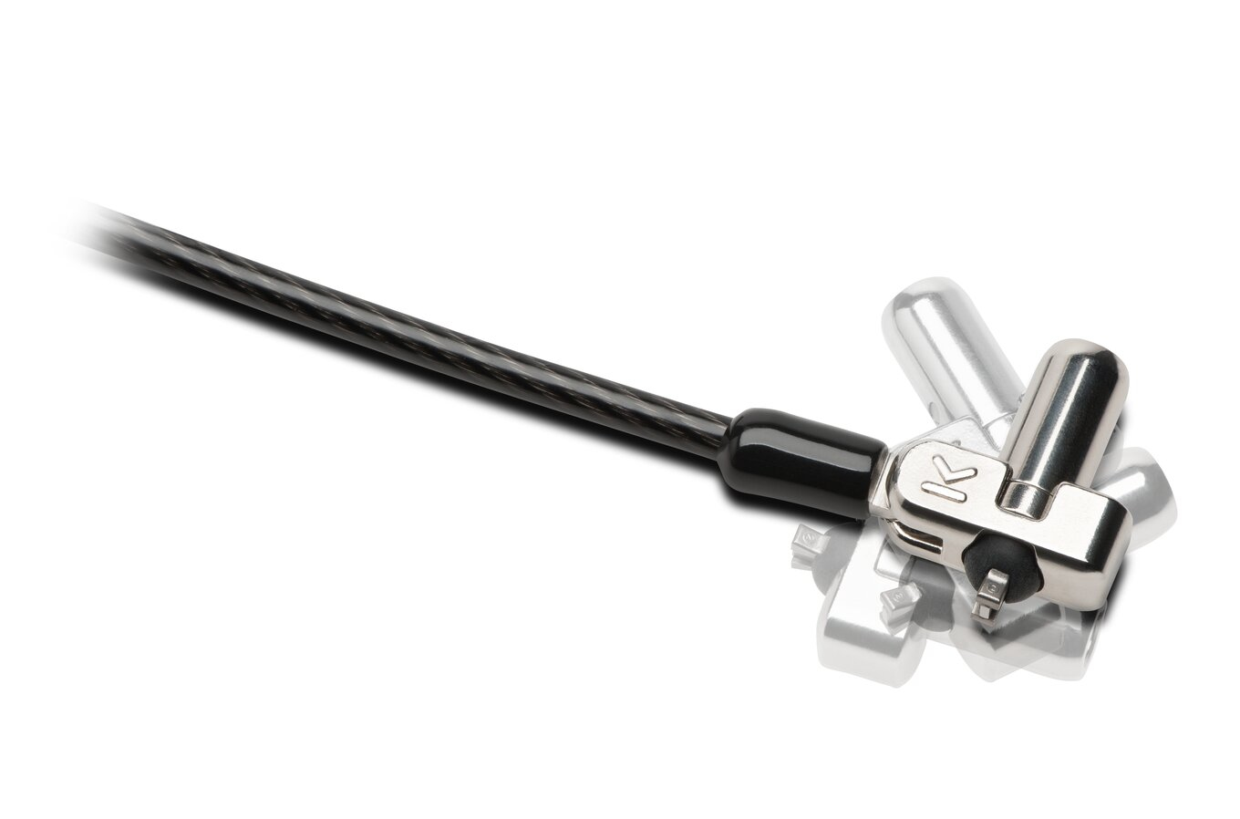 Beveiligingskabelslot met een zwarte gevlochten kabel en een zilveren slot.