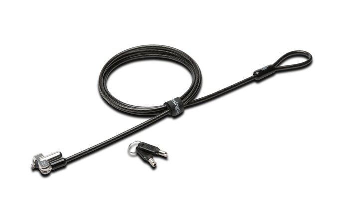 Zwarte Kensington beveiligingskabel met twee sleutels. Kabel is opgerold en aan een slot bevestigd.