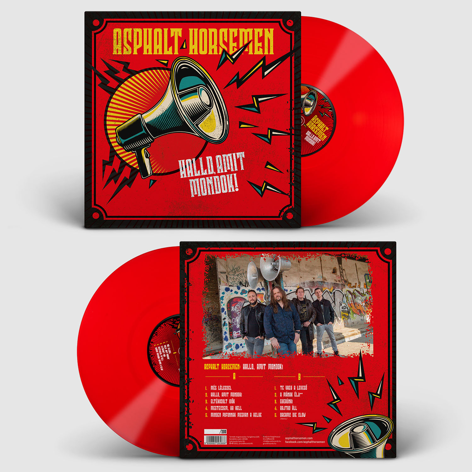 Vörös vinyl lemez borítóval, amely egy megafont és szöveget mutat.