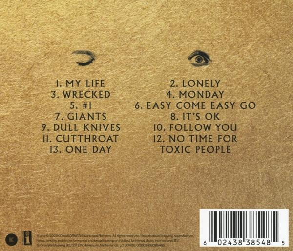 Egy CD hátlapja a számlistával és vonalkóddal. Barna háttér.
