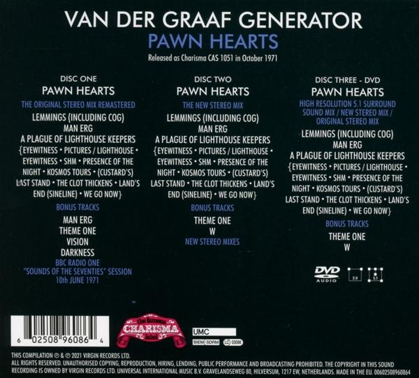 Rückseite einer CD-Hülle mit einer Liste von Liedern. Titel: Pawn Hearts. Veröffentlicht im Oktober 1971. Weißer Hintergrund.