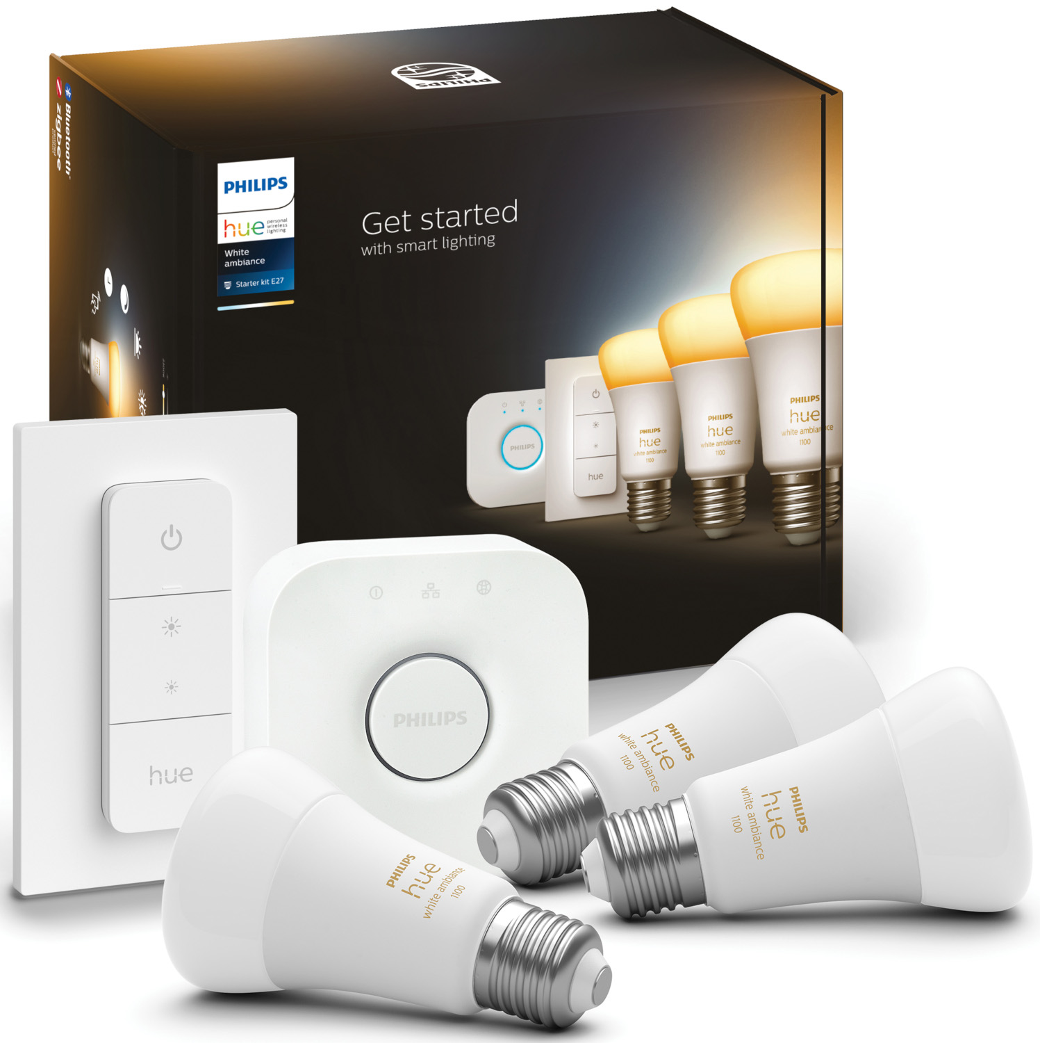 Box set of smart lighting components, including bulbs, hub, and a switch.