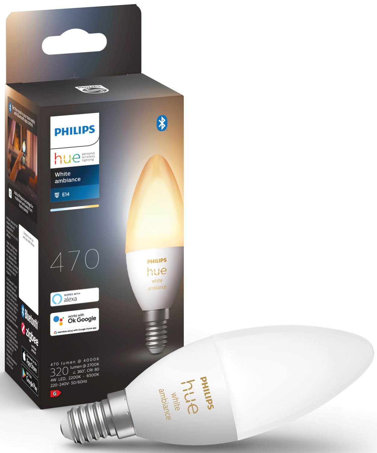 Philips Hue White Ambiance light bulb in a box. The box has a bulb and branding on it.