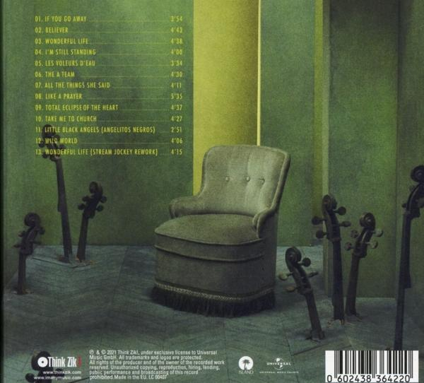 CD-Rückseite mit Trackliste, grünem Raum, Stuhl und Cello-Hälsen.