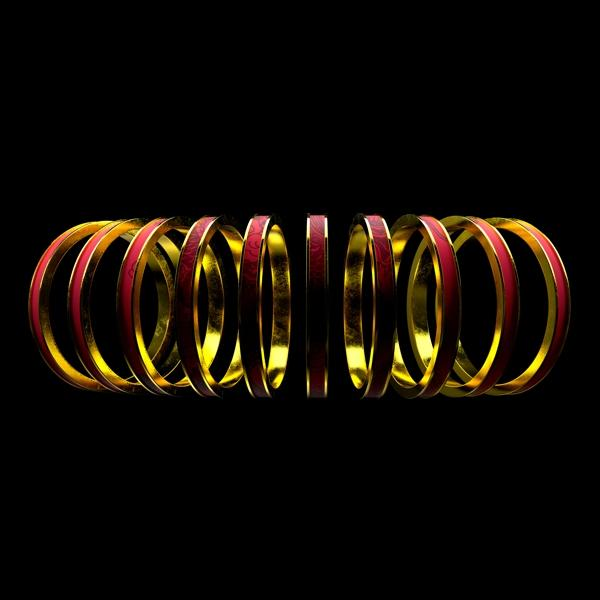 Een reeks rode en gouden ringen, in een halve cirkel gerangschikt.