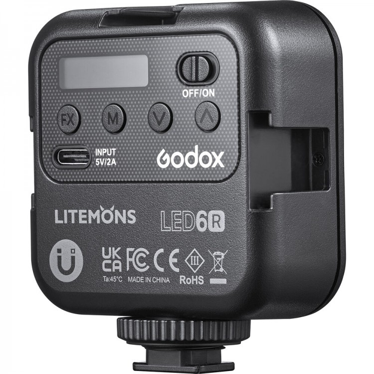 Schwarzes LED-Videolicht mit Knöpfen, Display und den Marken 'Godox' und 'Litemons'.