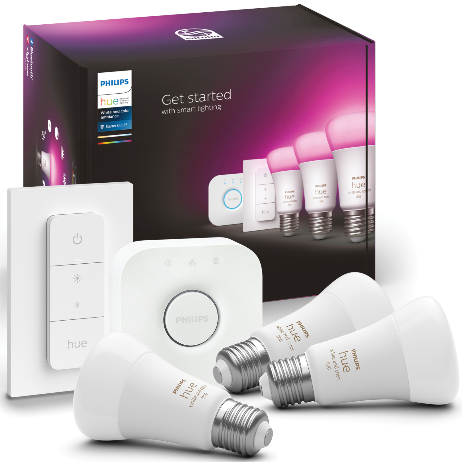 Philips Hue smart lighting kit with bulbs, a bridge, and a dimmer switch.