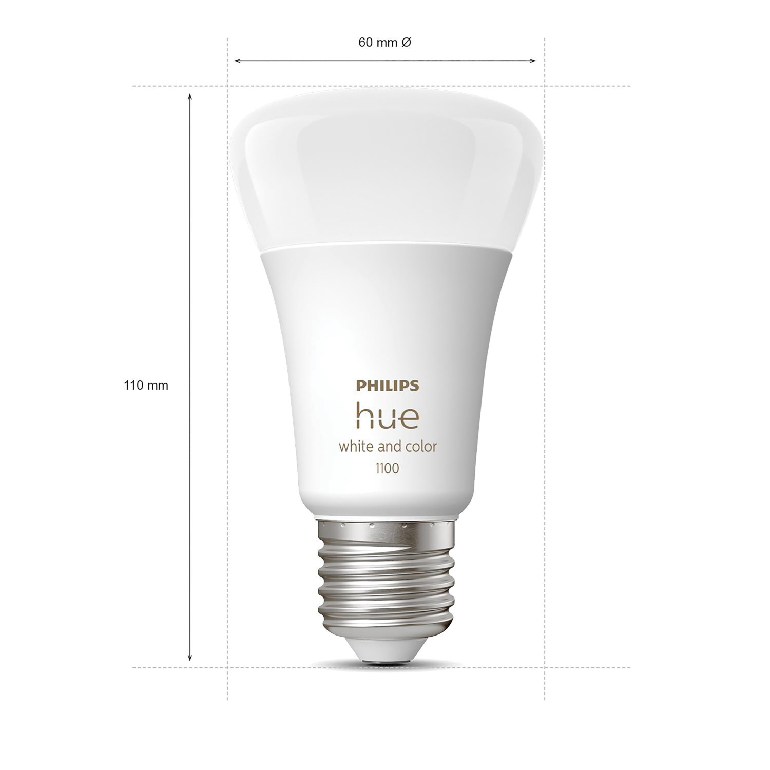 White Philips Hue smart bulb with dimensions and measurements indicated.