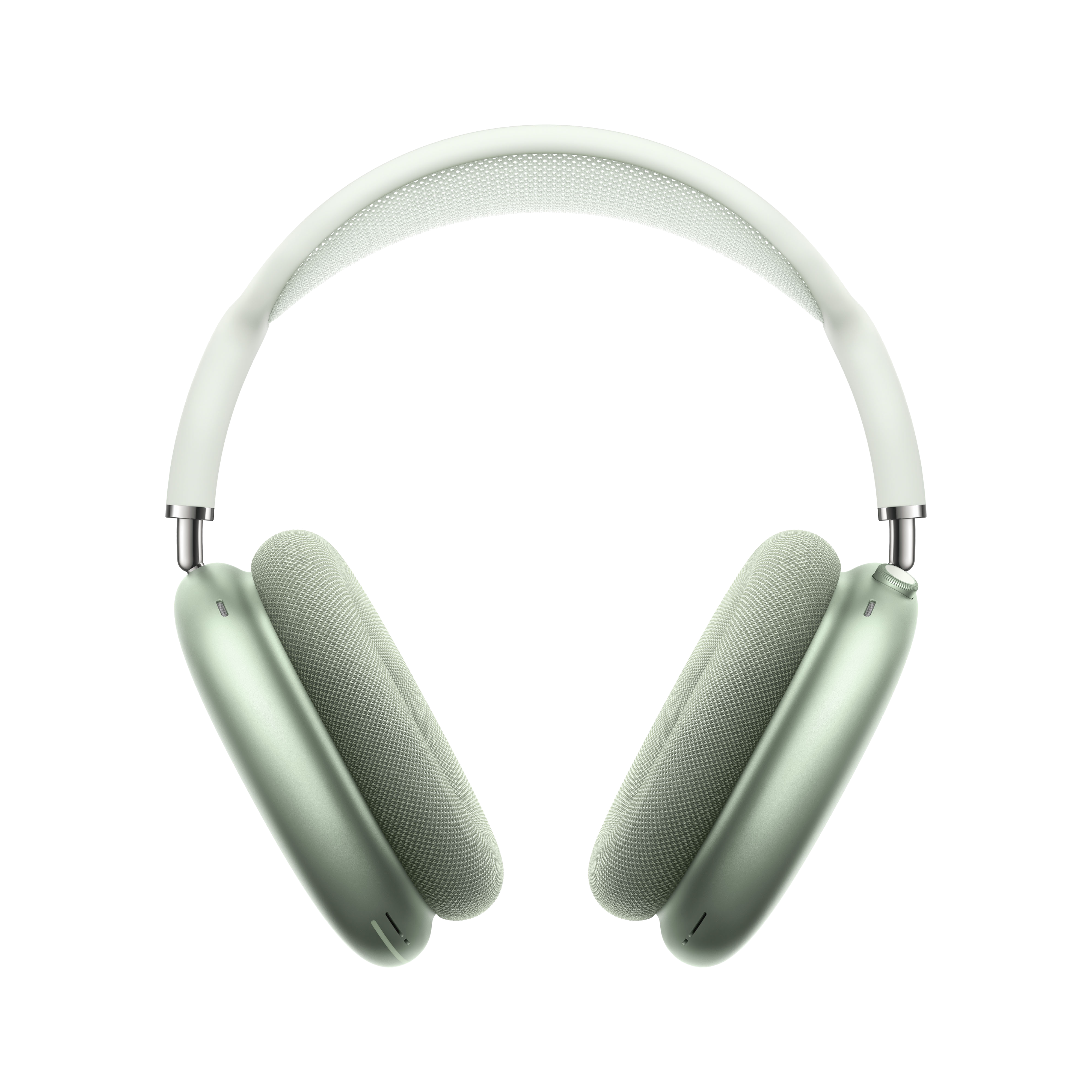 Auriculares Apple AirPods Max, almohadillas verdes, diadema blanca, fondo negro.