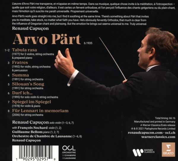 CD-Cover mit Text über Arvo Pärts Musik und einem Foto eines Mannes.