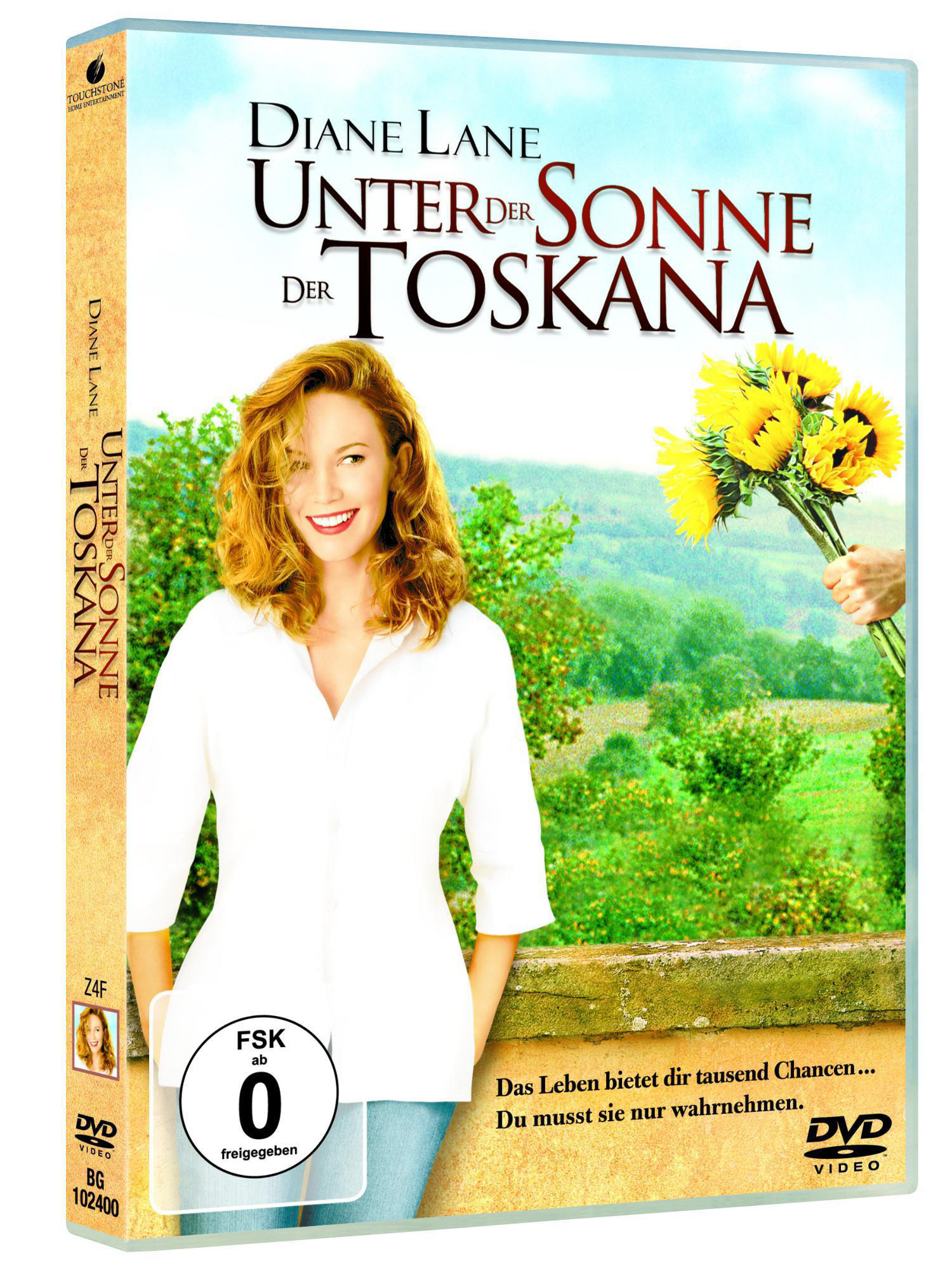 DVD-Cover mit einer Frau, die Sonnenblumen hält. Der Titel lautet: Unter der Sonne der Toskana.