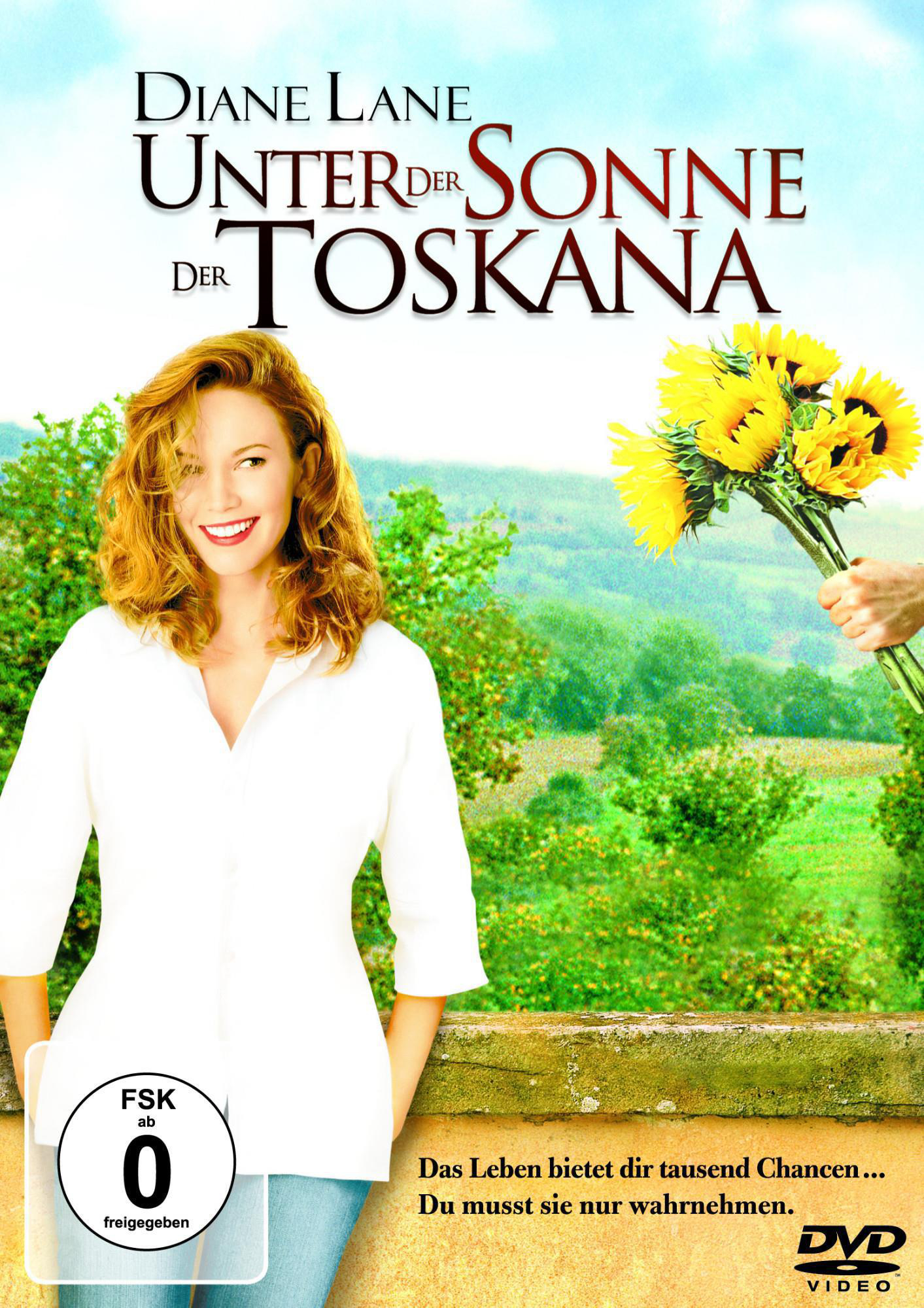 Filmposter: Diane Lane lächelt, Sonnenblumen haltend. Text: 'Unter der Sonne der Toskana'.
